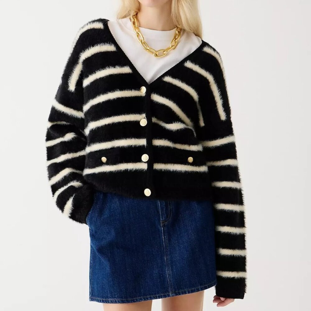 J. Crew Sweater Lady Jacket in Striped Brushed Yarn Black/White Size Large